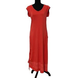 Toad & Co Muse Midi Dress in Rhubarb Red Orange Side Ruched Size M